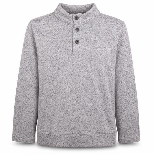 Front view of Champion men’s grey henley sweatshirt l collared knit
