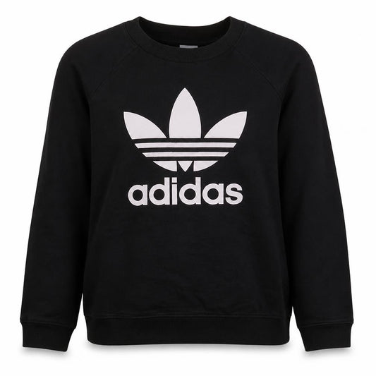Front view of Adidas Women Black Crew Neck Sweatshirt, size 10, Logo Print Casual