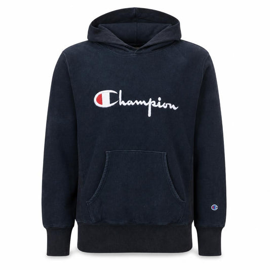 Front view of Champion Men's Black Reverse Weave Pullover Hoodie, size L, Embroidered Logo