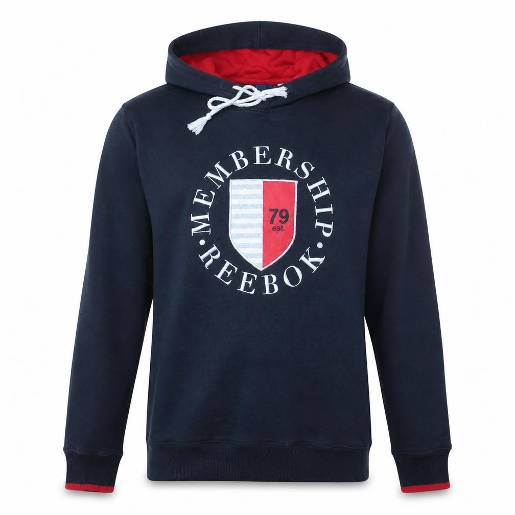 Front view of Reebok Men's Navy Blue Pullover Hoodie M Graphic Sportswear