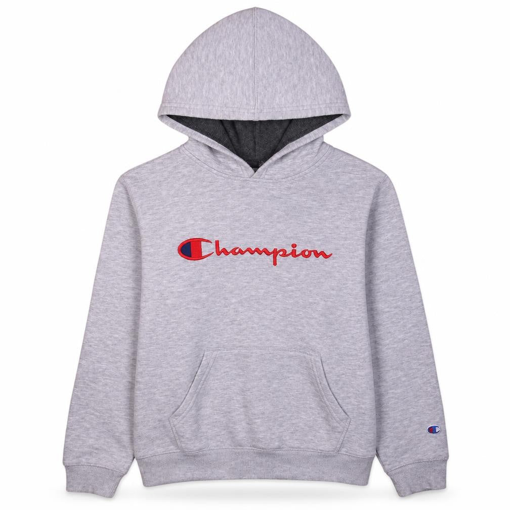 Front view of Champion women’s grey pullover hoodie l logo embroidered sweatshirt