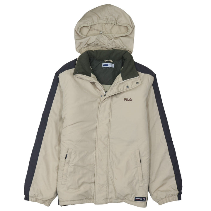 FILA Men Beige Hooded Puffer Jacket Size M Water Resistant Winter Coat