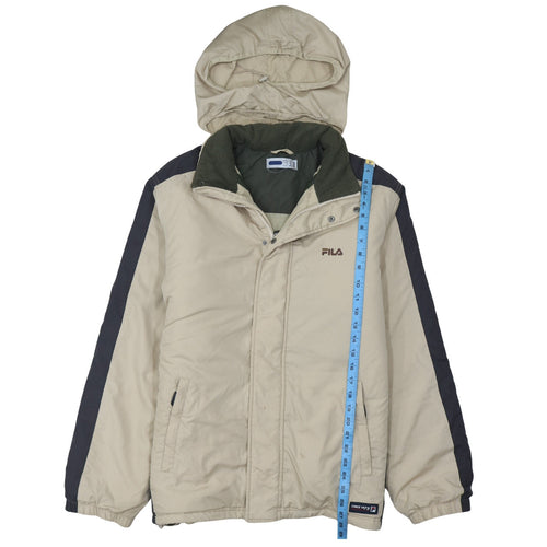 FILA Men Beige Hooded Puffer Jacket Size M Water Resistant Winter Coat