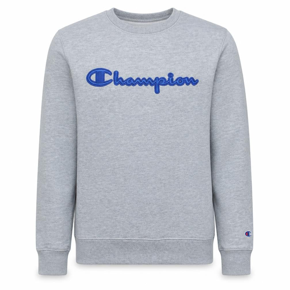 Front view of Champion Men's Grey Embroidered Logo Crew Neck Sweatshirt, size S