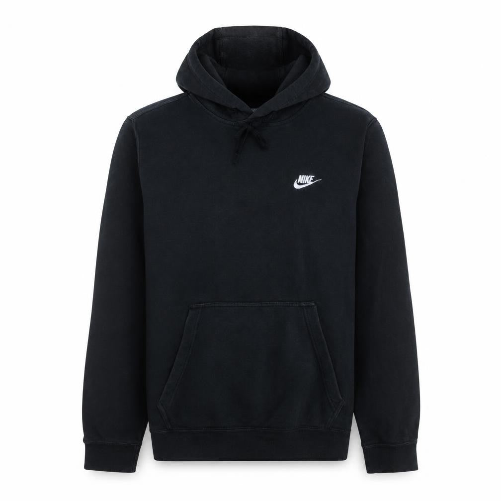 Front view of Nike men’s black pullover hoodie m logo fleece sweatshirt
