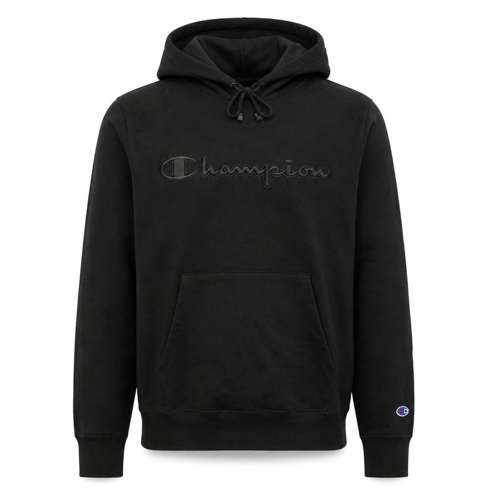 Front view of Champion Men's Black Pullover Hoodie M Embroidered Logo Fleece