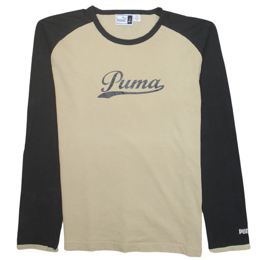 Puma Men Beige Black Long Sleeve Logo Crew Neck Cotton T-Shirt L