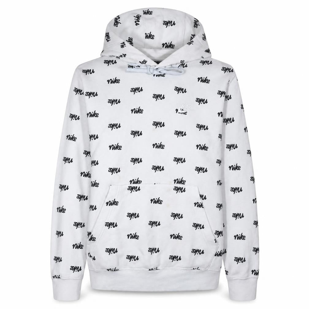 Front view of Nike Men's White Small Pullover Hoodie with Logo Print