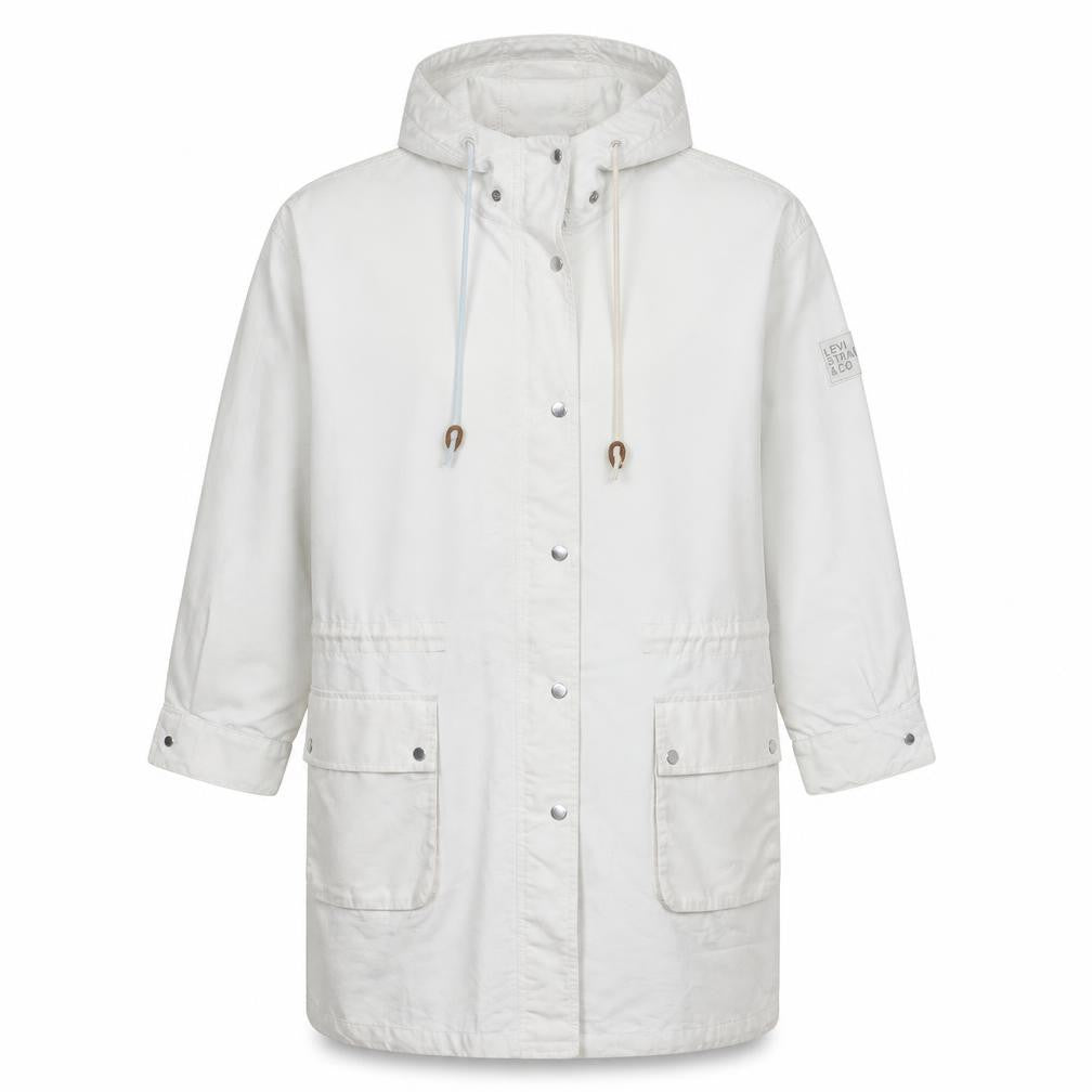 Front view of Levi Strauss & Co. Men's White Cotton Parka Coat, size S, Hooded