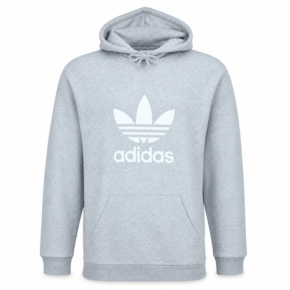 Front view of Adidas men’s grey pullover hoodie l regular fit graphic logo