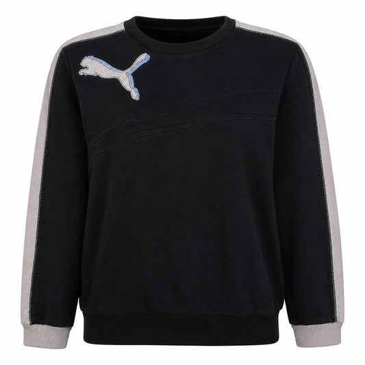 Front view of Puma women’s black crew neck sweatshirt, size UK 12 l, logo pullover