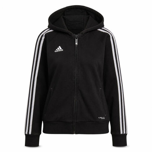 Front view of Adidas women’s black full zip hoodie, size UK 10, pink boxing cuffed sportswear