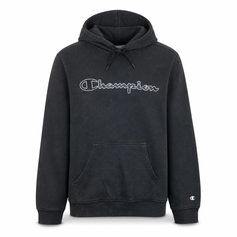 Front view of Champion Men's Black Medium Pullover Hoodie with Logo