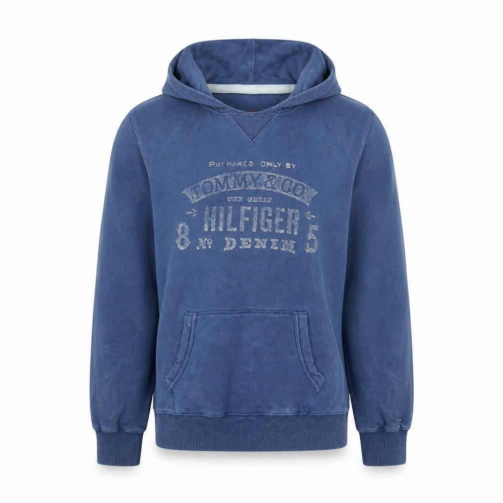 Front view of Hilfiger Denim Men's Blue Pullover Hoodie L Cotton Classic Logo