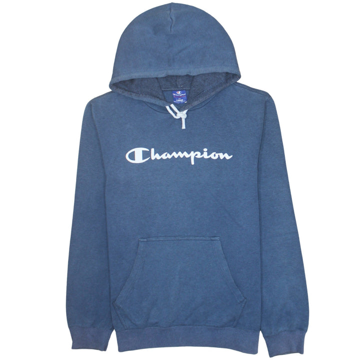 Champion Mens Blue Pullover Hoodie Large Logo Sports Cotton Blend
