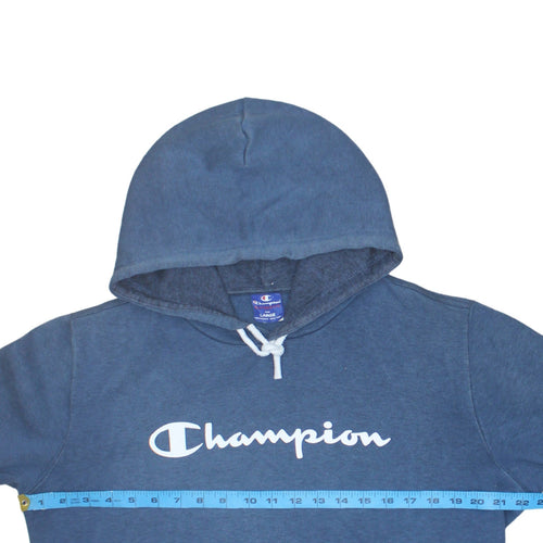 Champion Mens Blue Pullover Hoodie Large Logo Sports Cotton Blend