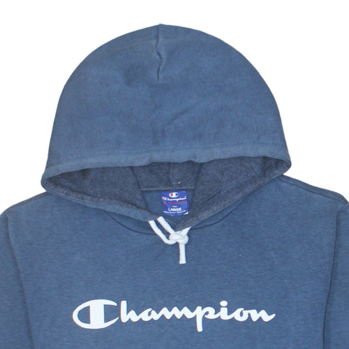 Champion Mens Blue Pullover Hoodie Large Logo Sports Cotton Blend