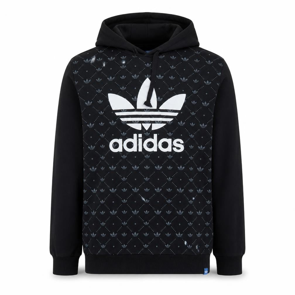 Front view of Adidas Men's Black Pullover Hoodie M Logo Graphic Fleece Sweatshirt