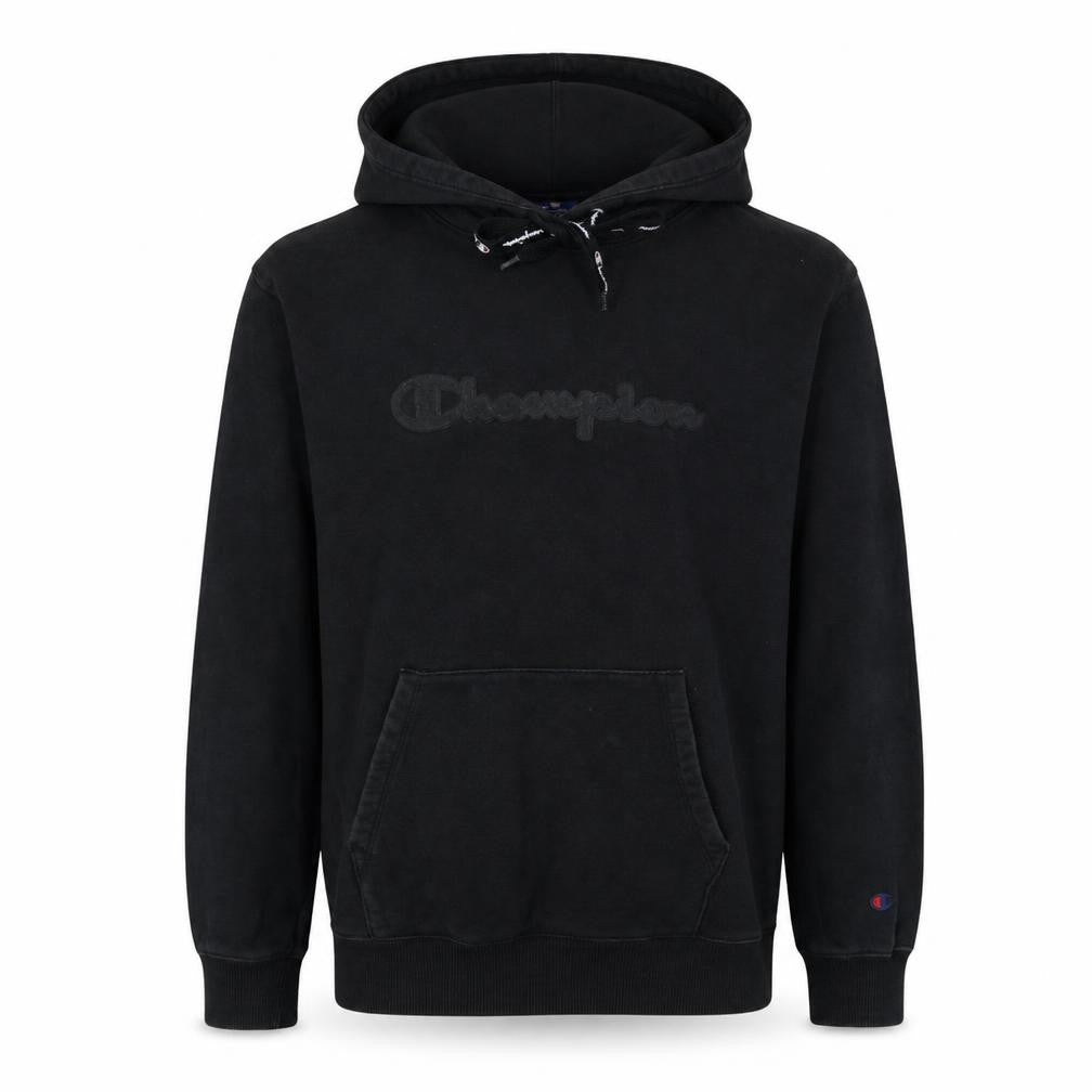 Front view of Champion Men's Black Small Pullover Hoodie Cotton Logo Sweatshirt