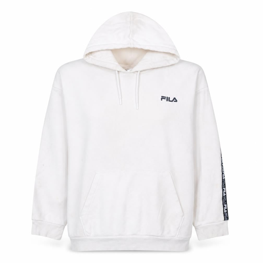 Front view of Fila Women's White Hoodie L Logo Tape Pullover Cotton Blend