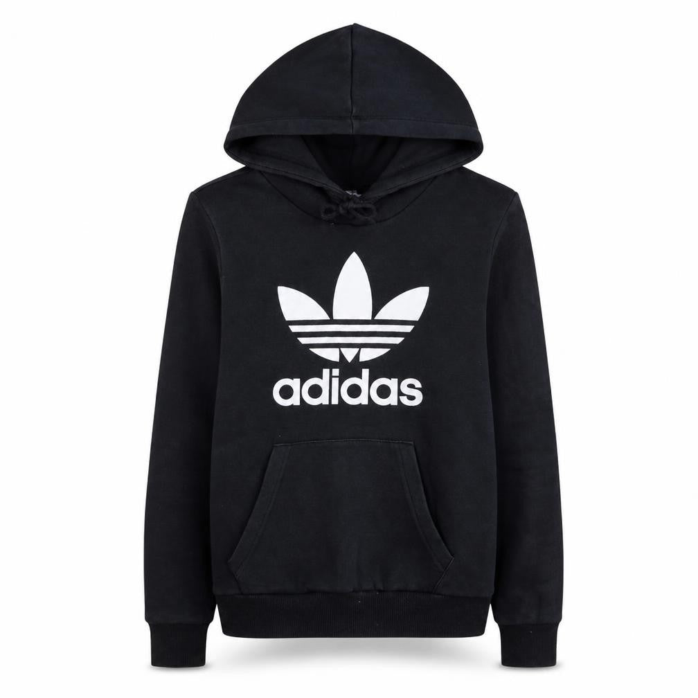 Front view of Adidas women’s black, size UK 12, pullover hoodie with logo print