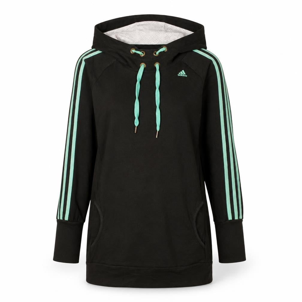 Front view of Adidas women’s black hoodie, size UK 10, drawstring pullover tunic