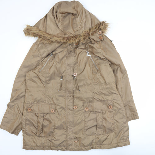 Maine New England Women’s Beige Parka Coat Size 18 Hooded Faux Fur Trim