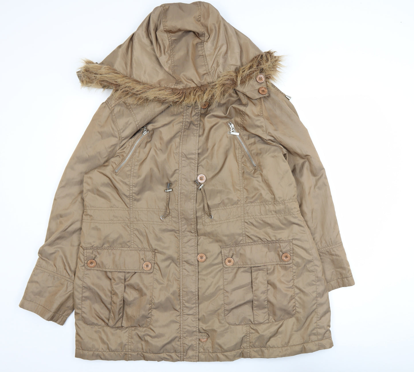Maine New England Women’s Beige Parka Coat Size 18 Hooded Faux Fur Trim