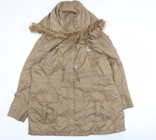 Maine New England Women’s Beige Parka Coat Size 18 Hooded Faux Fur Trim