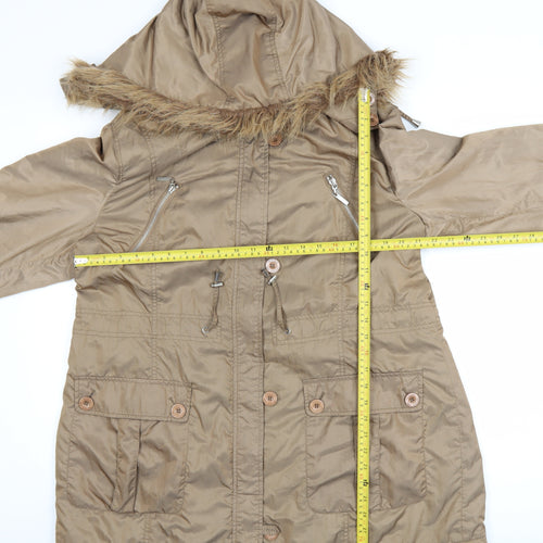 Maine New England Women’s Beige Parka Coat Size 18 Hooded Faux Fur Trim