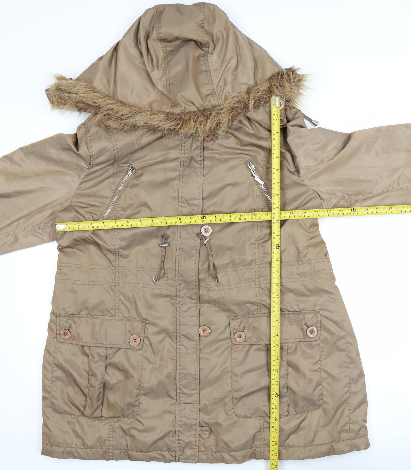 Maine New England Women’s Beige Parka Coat Size 18 Hooded Faux Fur Trim
