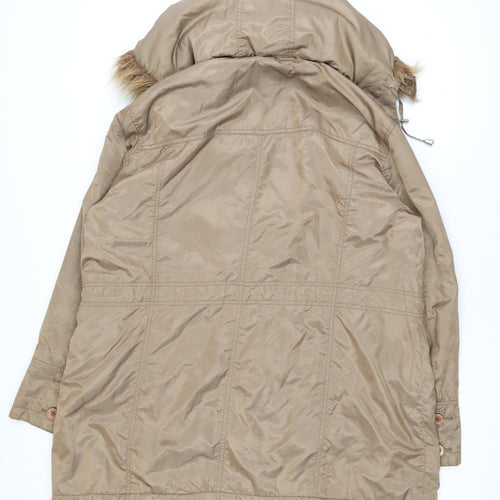Maine New England Women’s Beige Parka Coat Size 18 Hooded Faux Fur Trim
