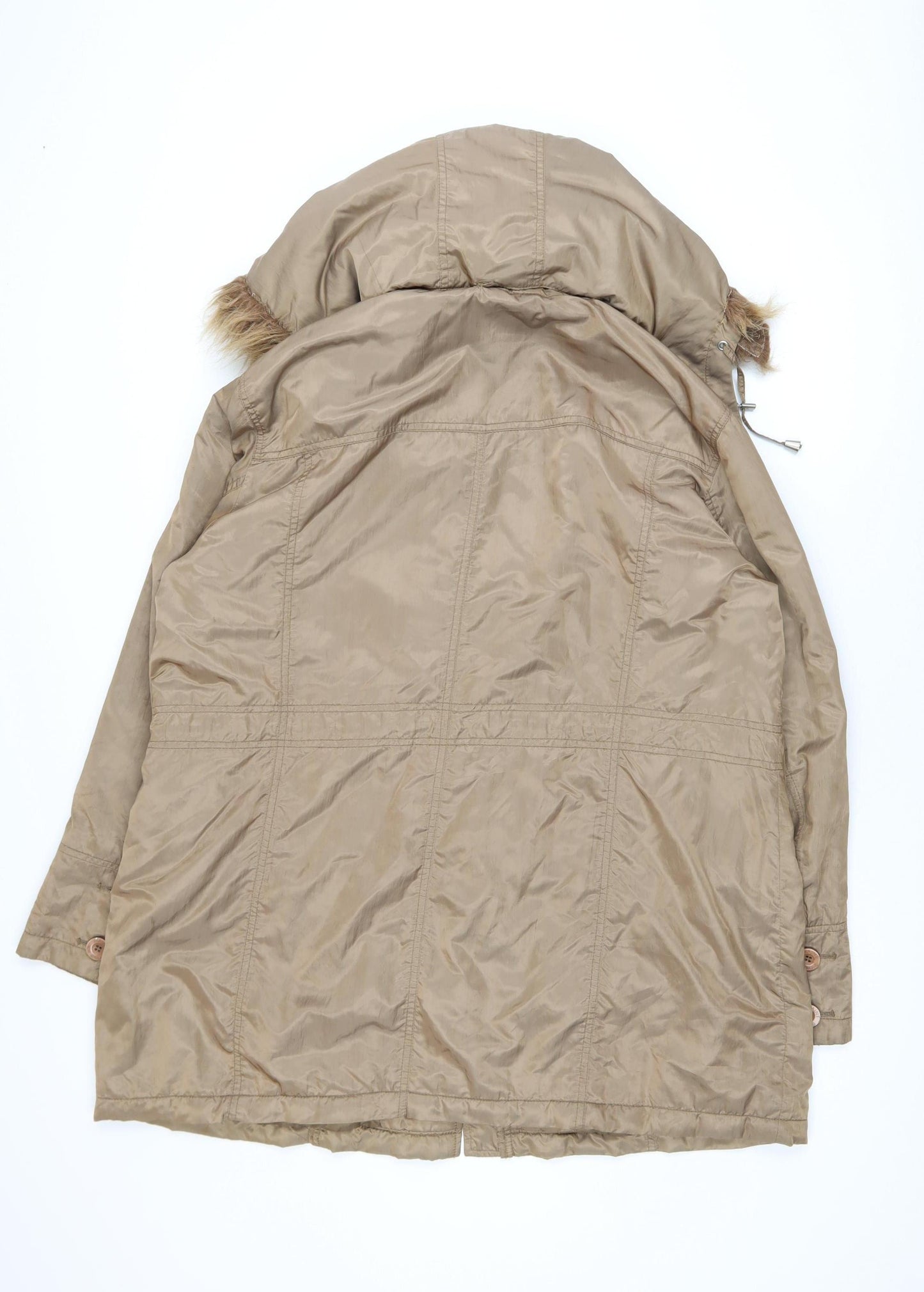 Maine New England Women’s Beige Parka Coat Size 18 Hooded Faux Fur Trim