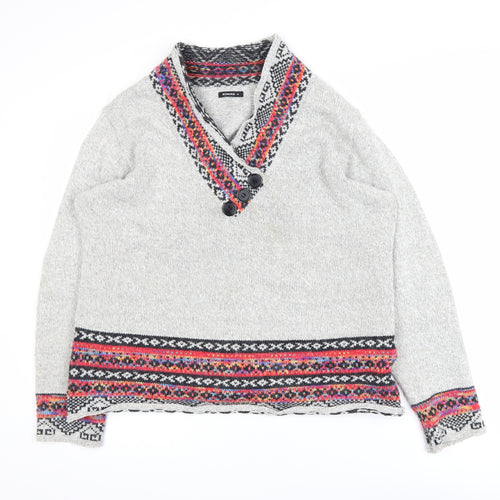 Roman Women Grey Fair Isle Knit V-Neck Button Jumper Size 18