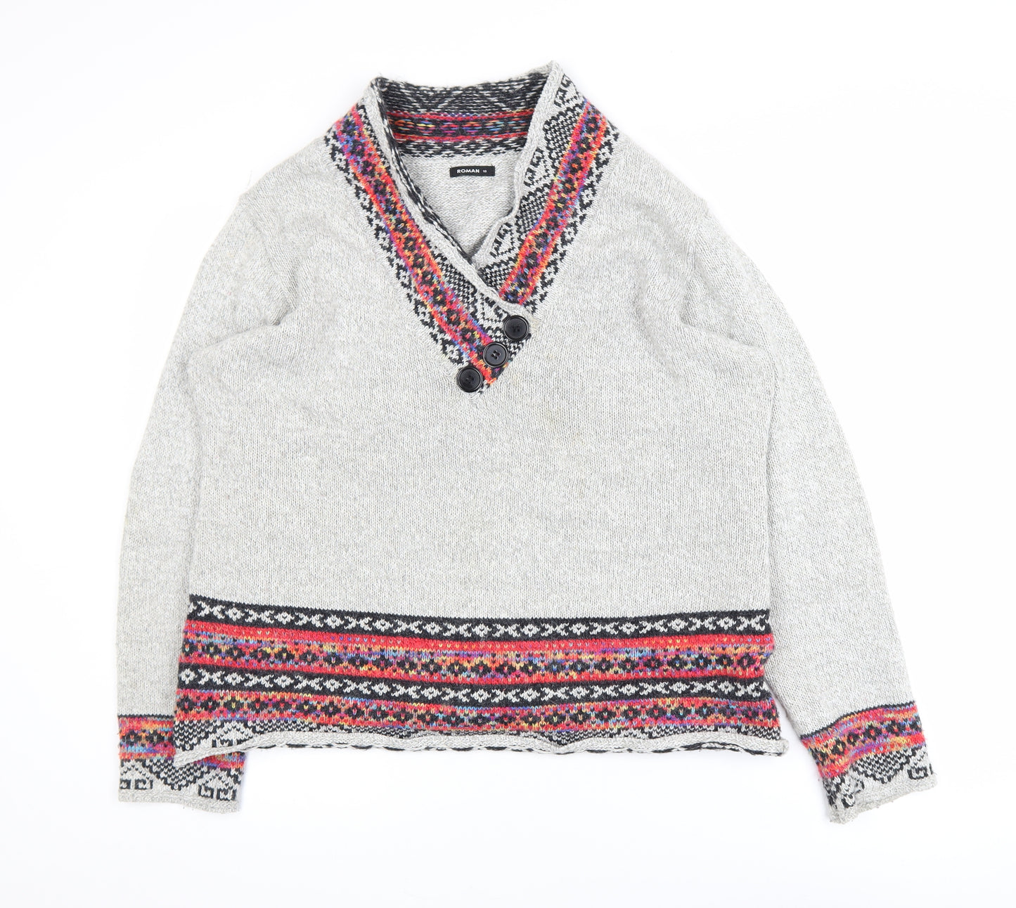 Roman Women Grey Fair Isle Knit V-Neck Button Jumper Size 18