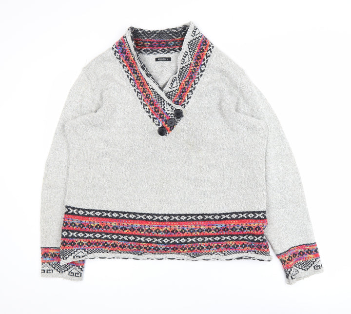 Roman Women Grey Fair Isle Knit V-Neck Button Jumper Size 18