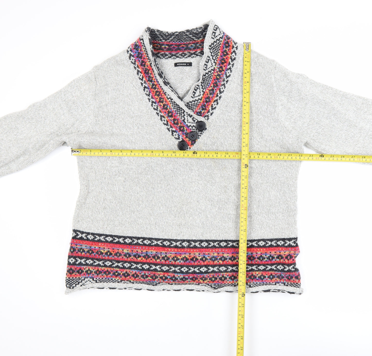 Roman Women Grey Fair Isle Knit V-Neck Button Jumper Size 18