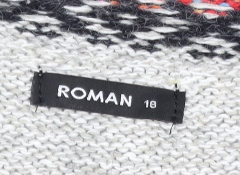 Roman Women Grey Fair Isle Knit V-Neck Button Jumper Size 18