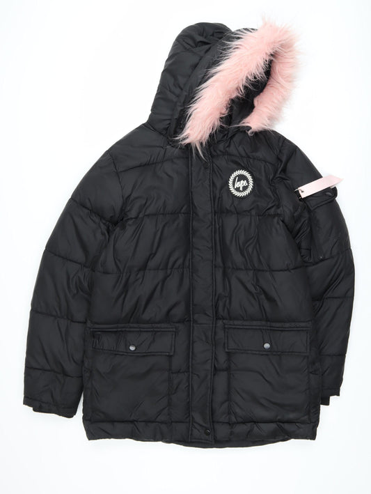 Hype Girls Black Puffer Jacket 15 Years Hooded Faux Fur Trim Winter Coat