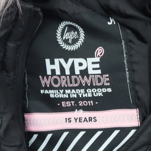 Hype Girls Black Puffer Jacket 15 Years Hooded Faux Fur Trim Winter Coat