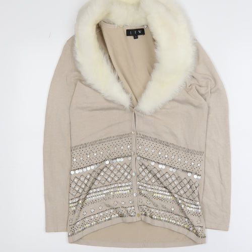 JFW Women’s Beige Faux Fur Collar Embellished Knit Jacket Size S