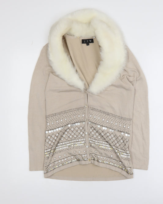 JFW Women’s Beige Faux Fur Collar Embellished Knit Jacket Size S