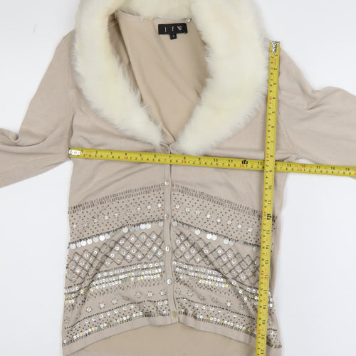 JFW Women’s Beige Faux Fur Collar Embellished Knit Jacket Size S
