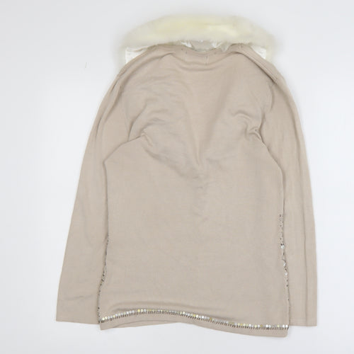 JFW Women’s Beige Faux Fur Collar Embellished Knit Jacket Size S