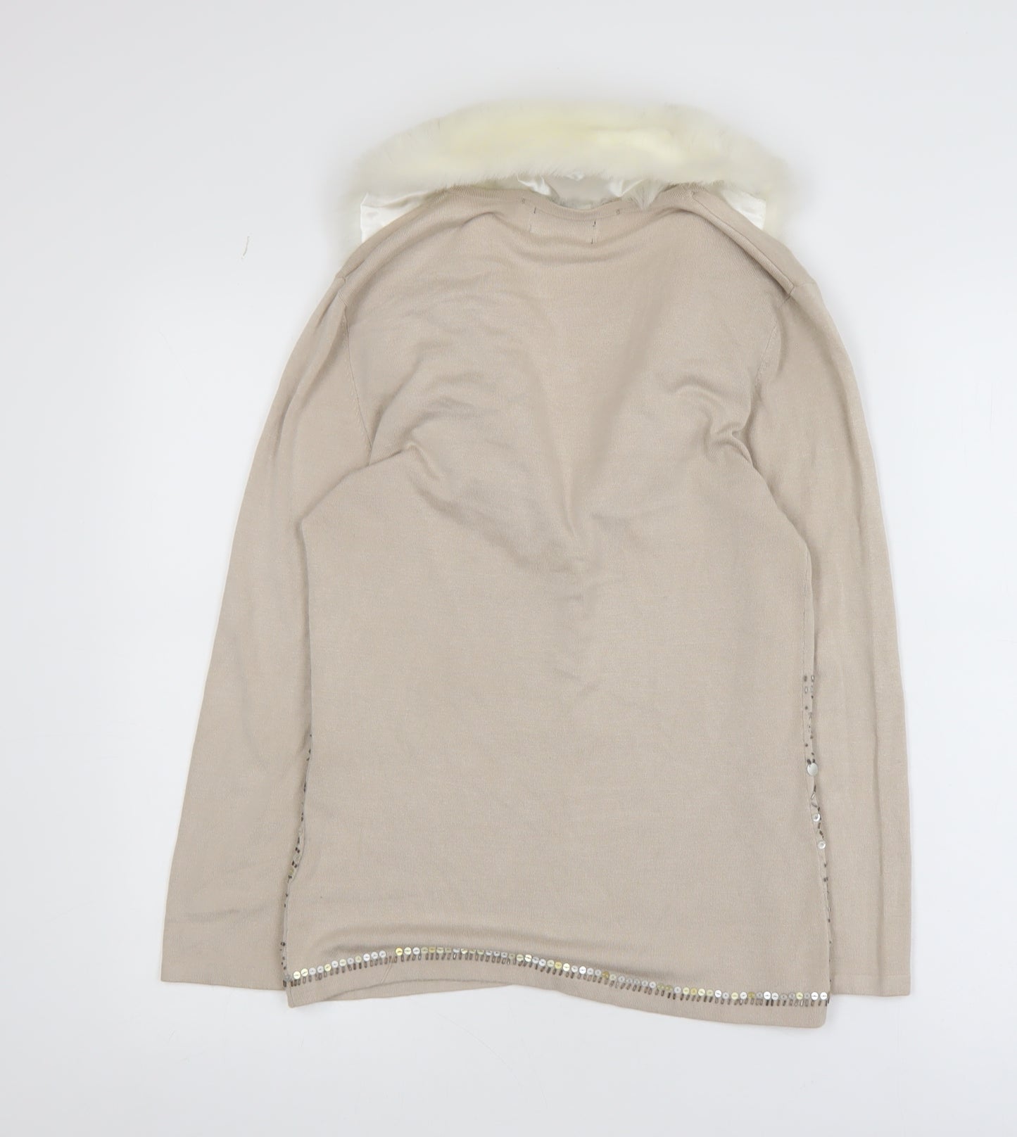 JFW Women’s Beige Faux Fur Collar Embellished Knit Jacket Size S