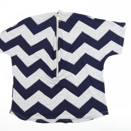 Roman Women Blue Geometric Tunic Blouse Size 16 Short Sleeve Zip