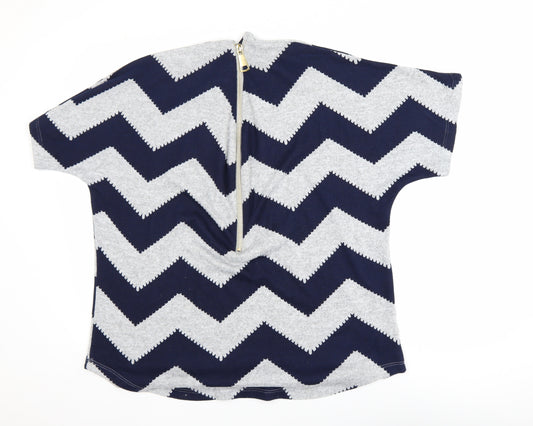 Roman Women Blue Geometric Tunic Blouse Size 16 Short Sleeve Zip