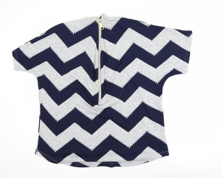 Roman Women Blue Geometric Tunic Blouse Size 16 Short Sleeve Zip