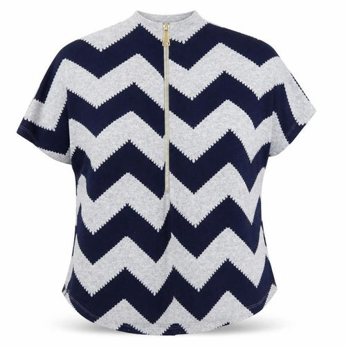 Roman Women Blue Geometric Tunic Blouse Size 16 Short Sleeve Zip