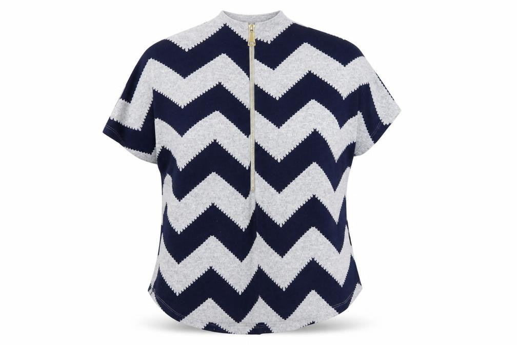 Roman Women Blue Geometric Tunic Blouse Size 16 Short Sleeve Zip